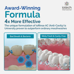 ioRinse AC label closeup highlights iodine technology and enamel-friendly formula.