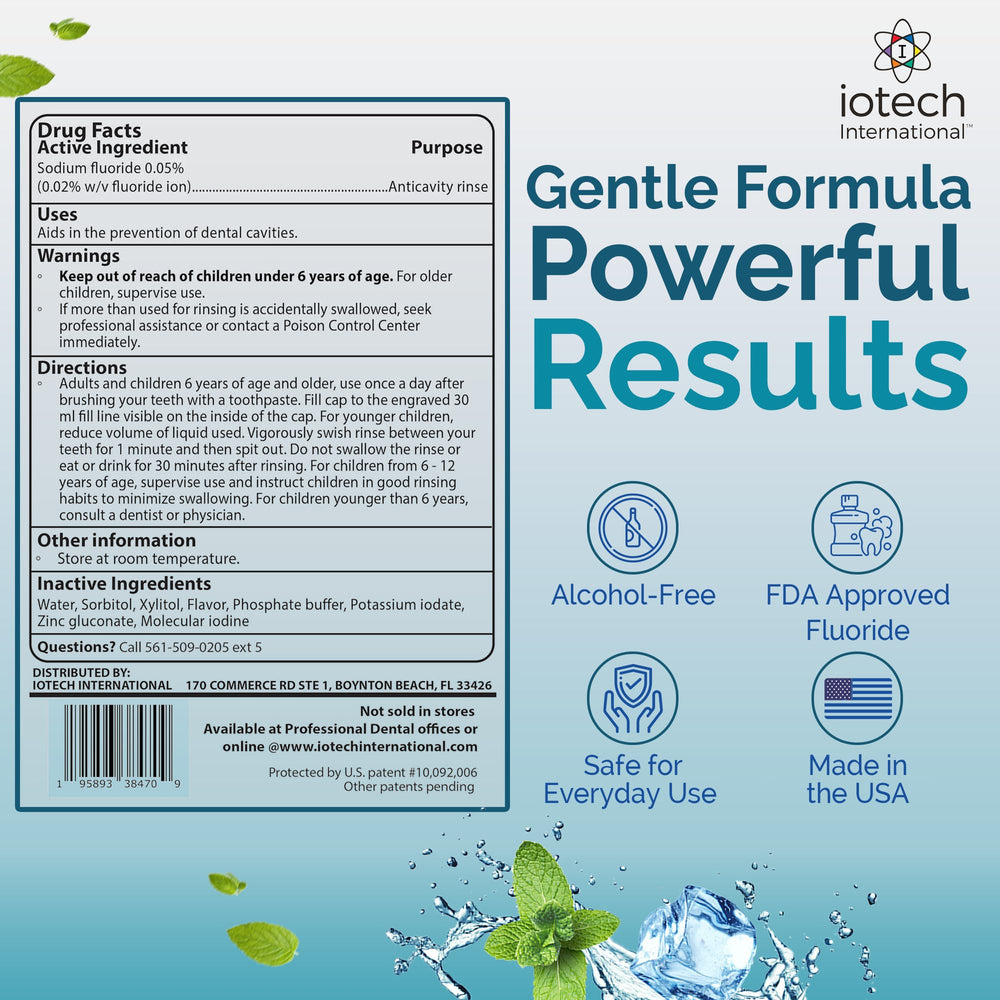 ioRinse AC seal closeup signals dentist-trusted, alcohol-free formulation.