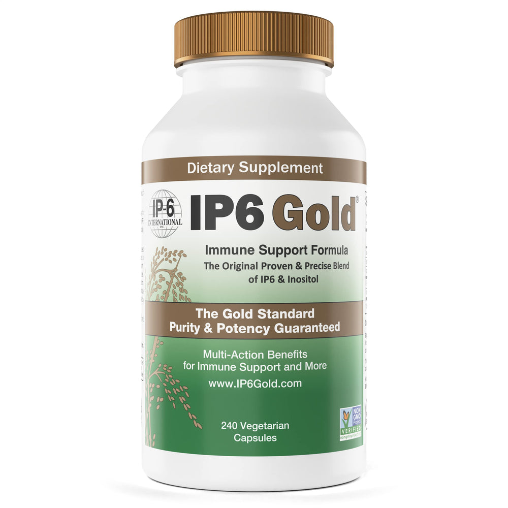 IP6 Gold immune support bottle showcases clean daily wellness capsules.
