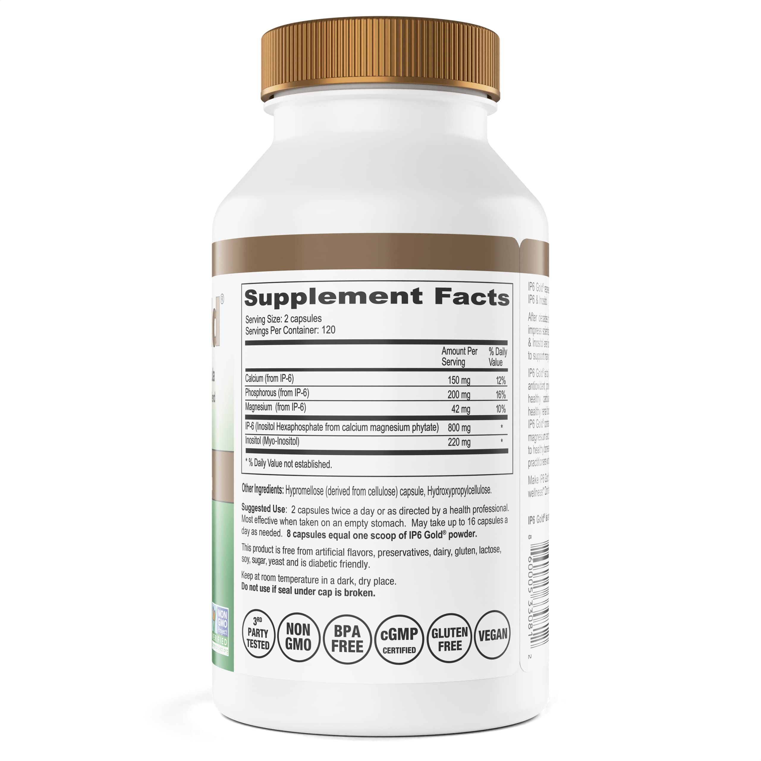 IP6 Gold label close-up highlighting Non-GMO certification and US-made quality.