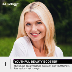 IQ BIOLOGY bottle front label shows formulation designed for convenience and beauty support.
