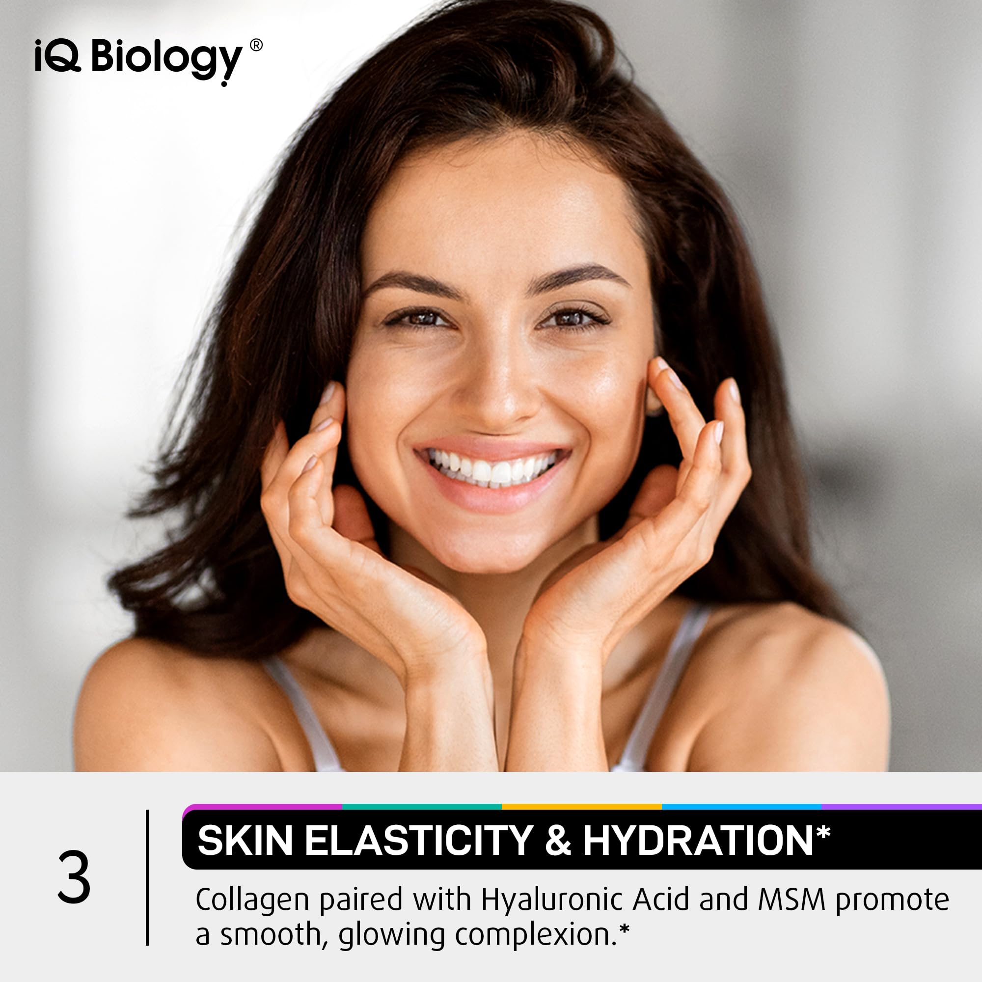 IQ BIOLOGY hair skin nails glow image hints at radiant-looking skin and stronger strands.