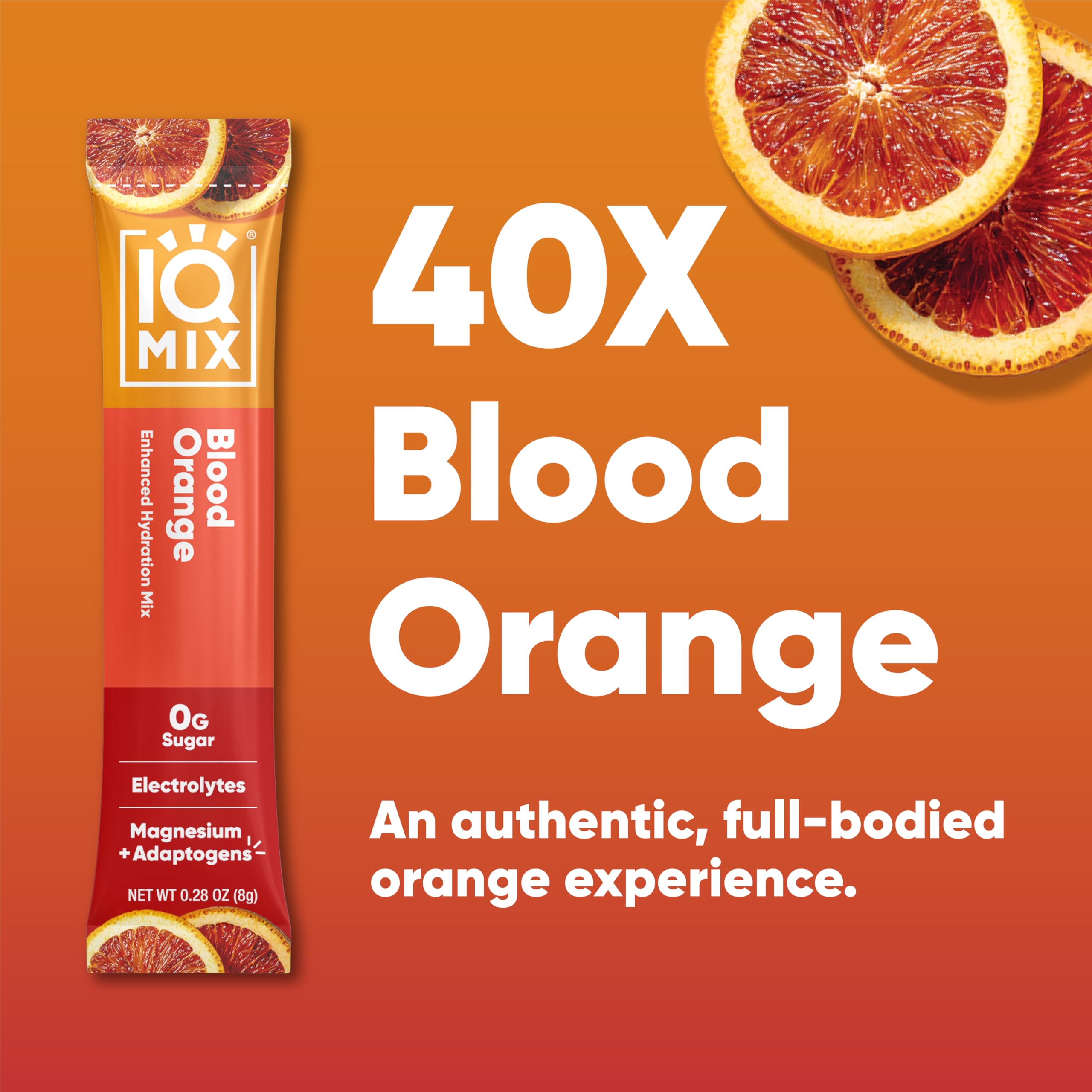 IQMIX Blood Orange packet back with nutrition and keto-friendly notes.