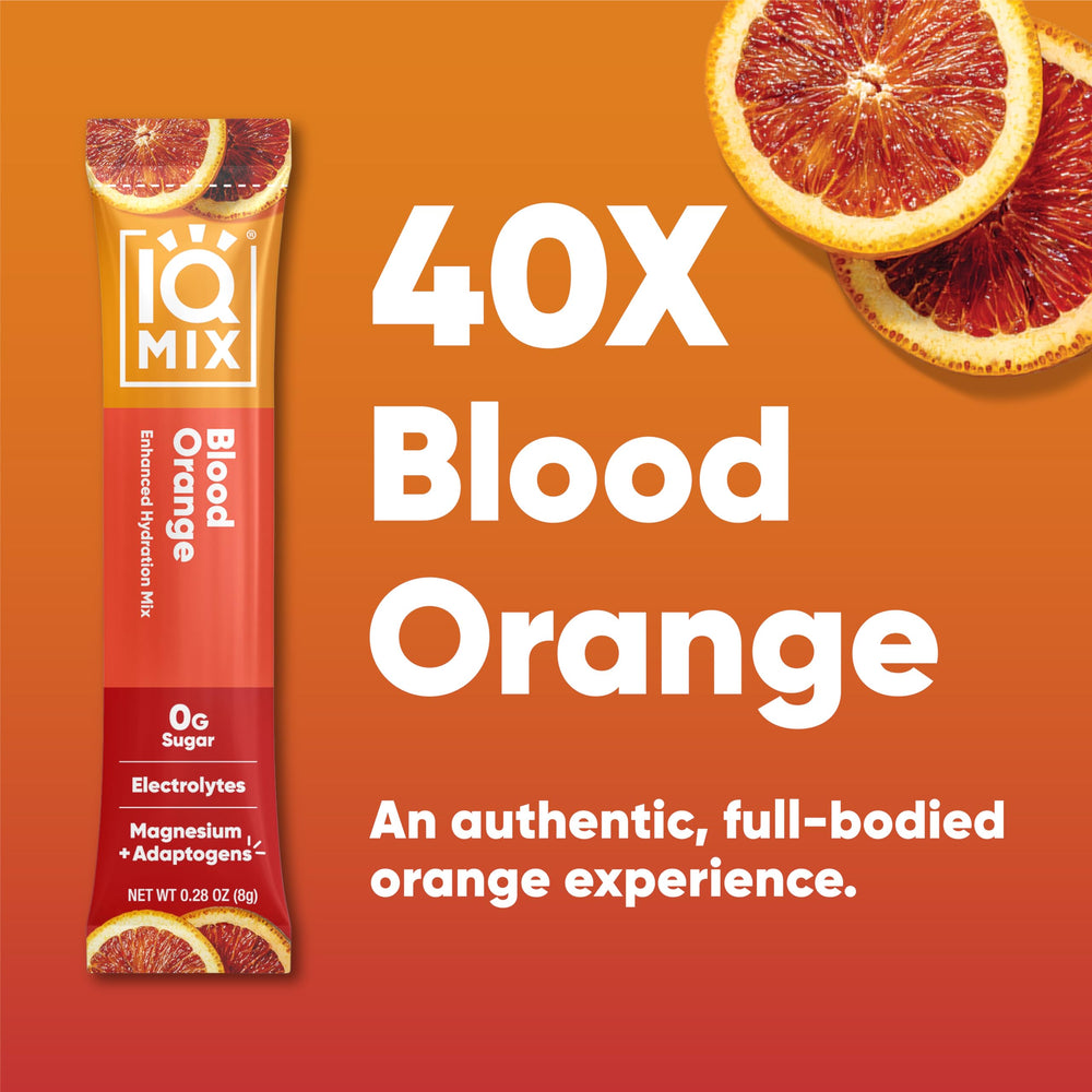 IQMIX Blood Orange packet back with nutrition and keto-friendly notes.
