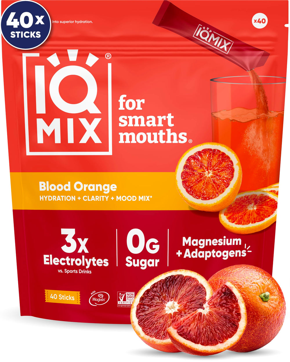 IQMIX Blood Orange packet front for on-the-go hydration and flavor.