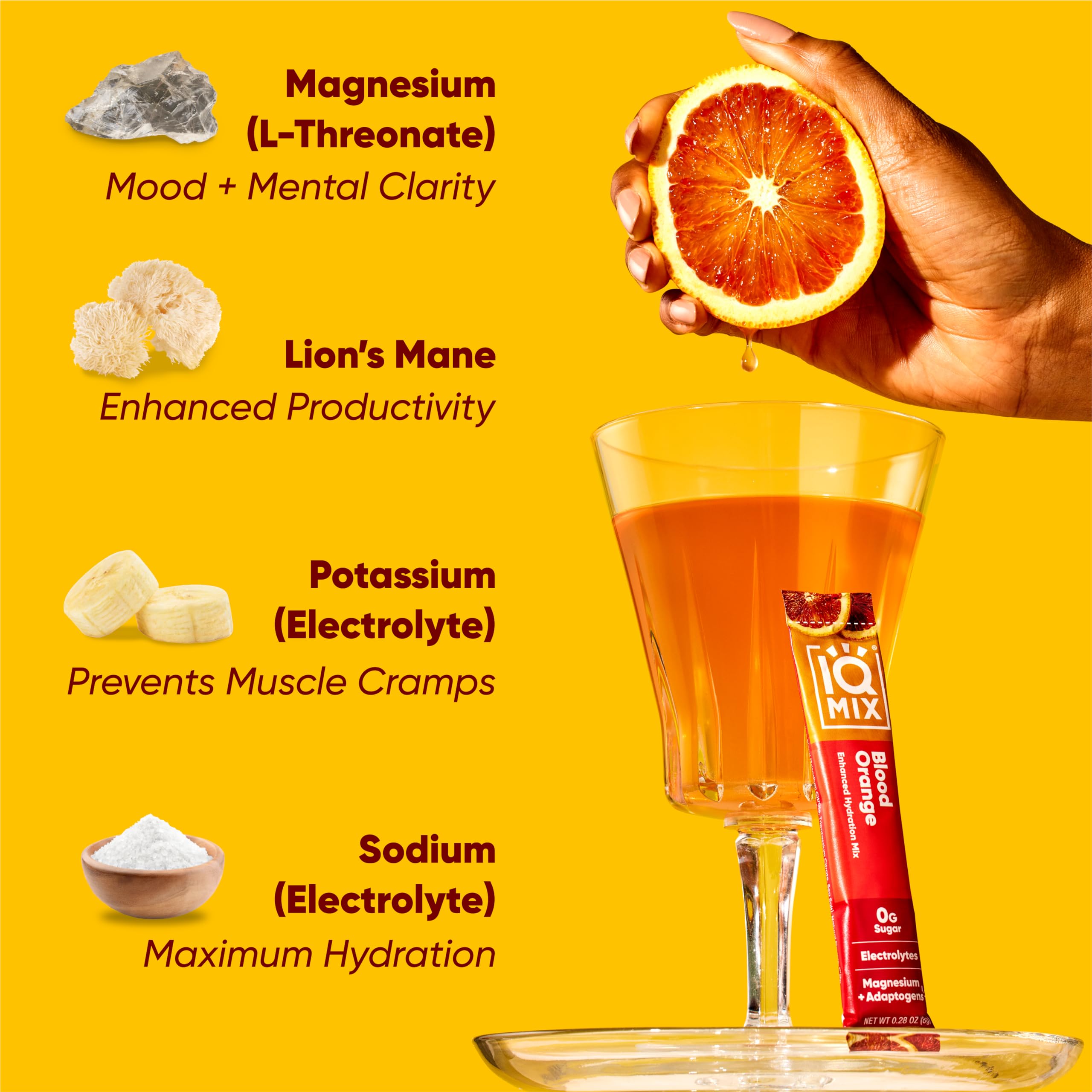 IQMIX glass of Blood Orange drink highlighting flavor and hydration benefits.