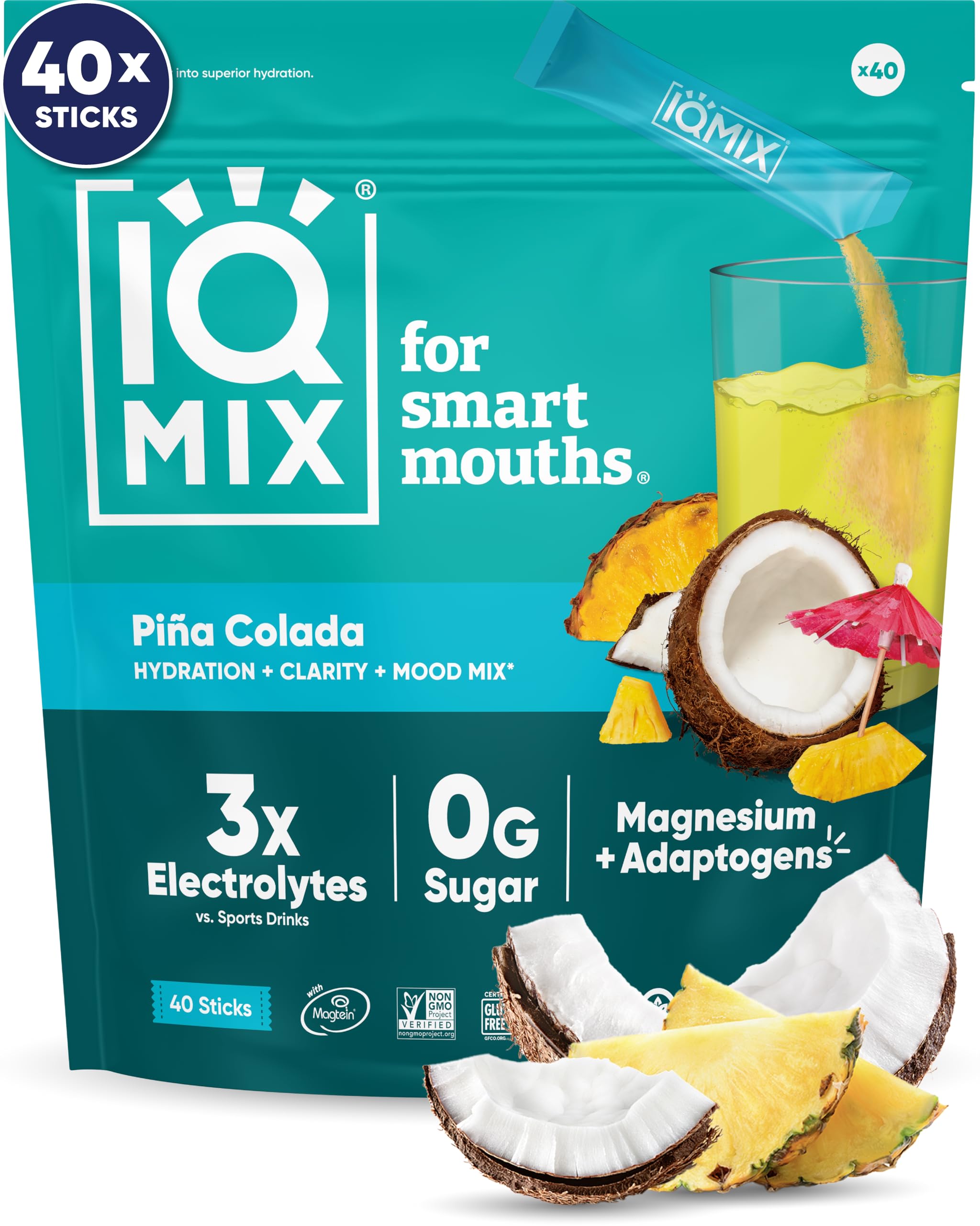 IQMIX hydration stick Piña Colada for on-the-go hydration and focus.