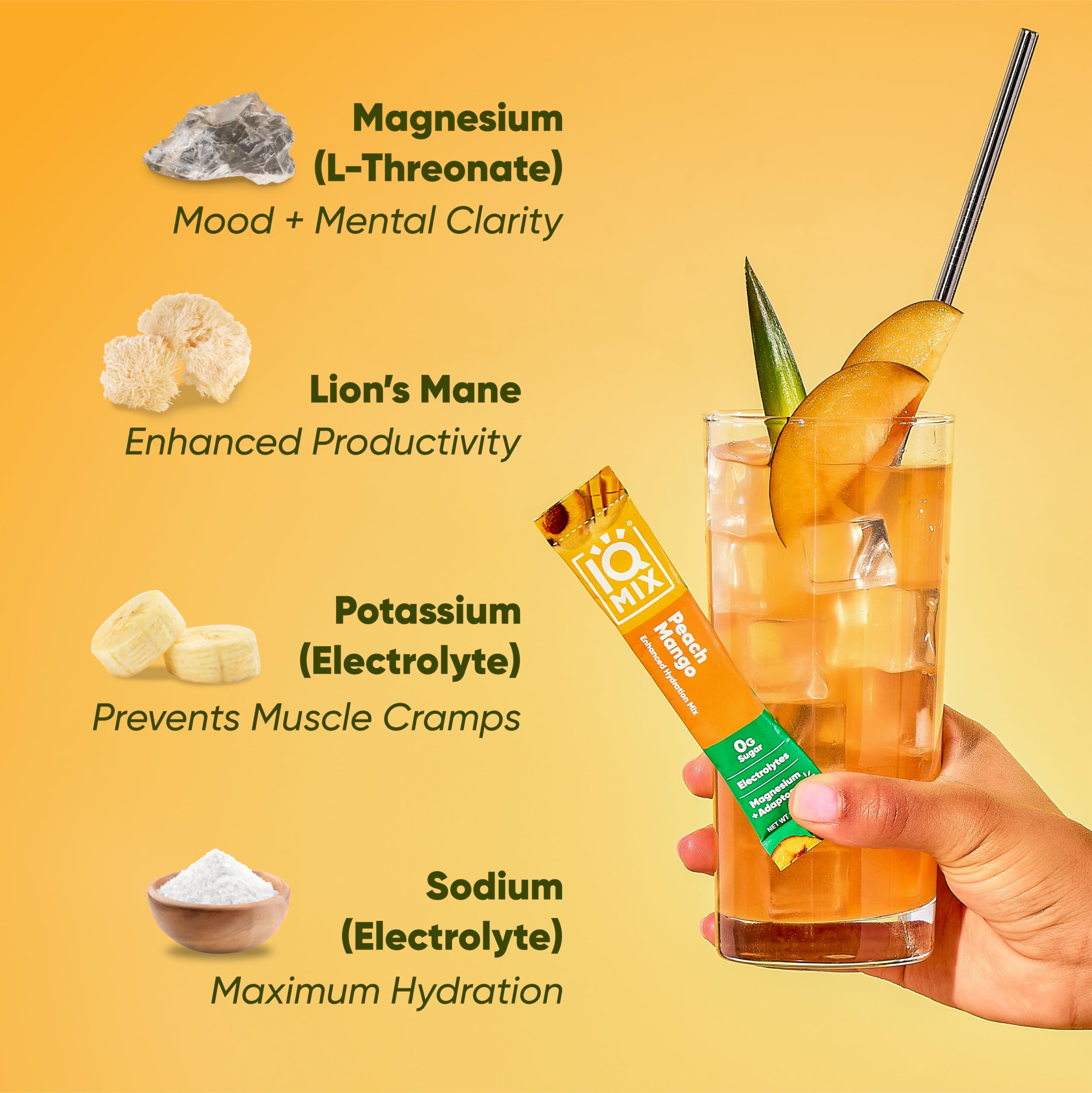 IQMIX Lions Mane mushroom highlights brain-nourishing ingredients.