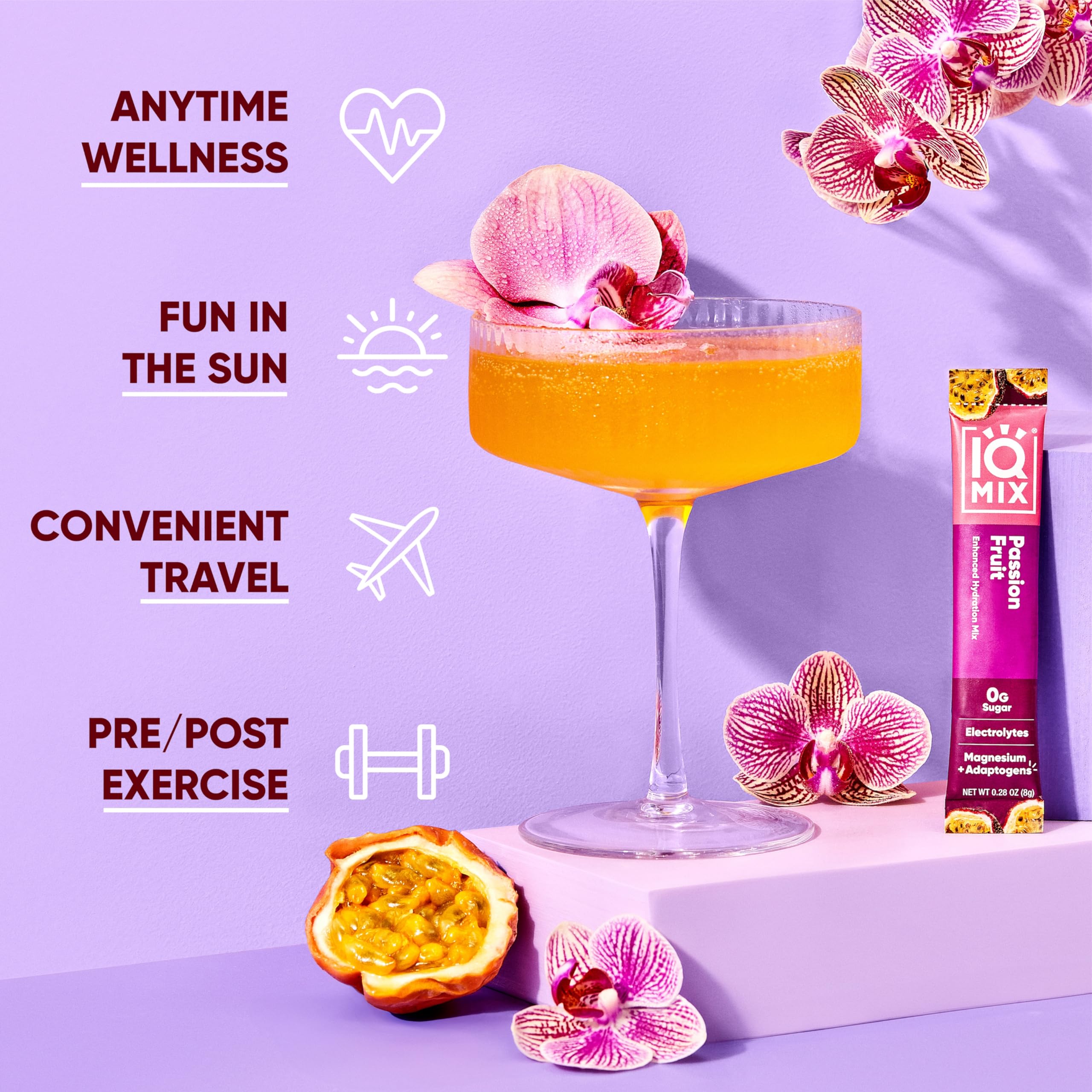 IQMIX passion fruit close-up glass of prepared hydration drink.