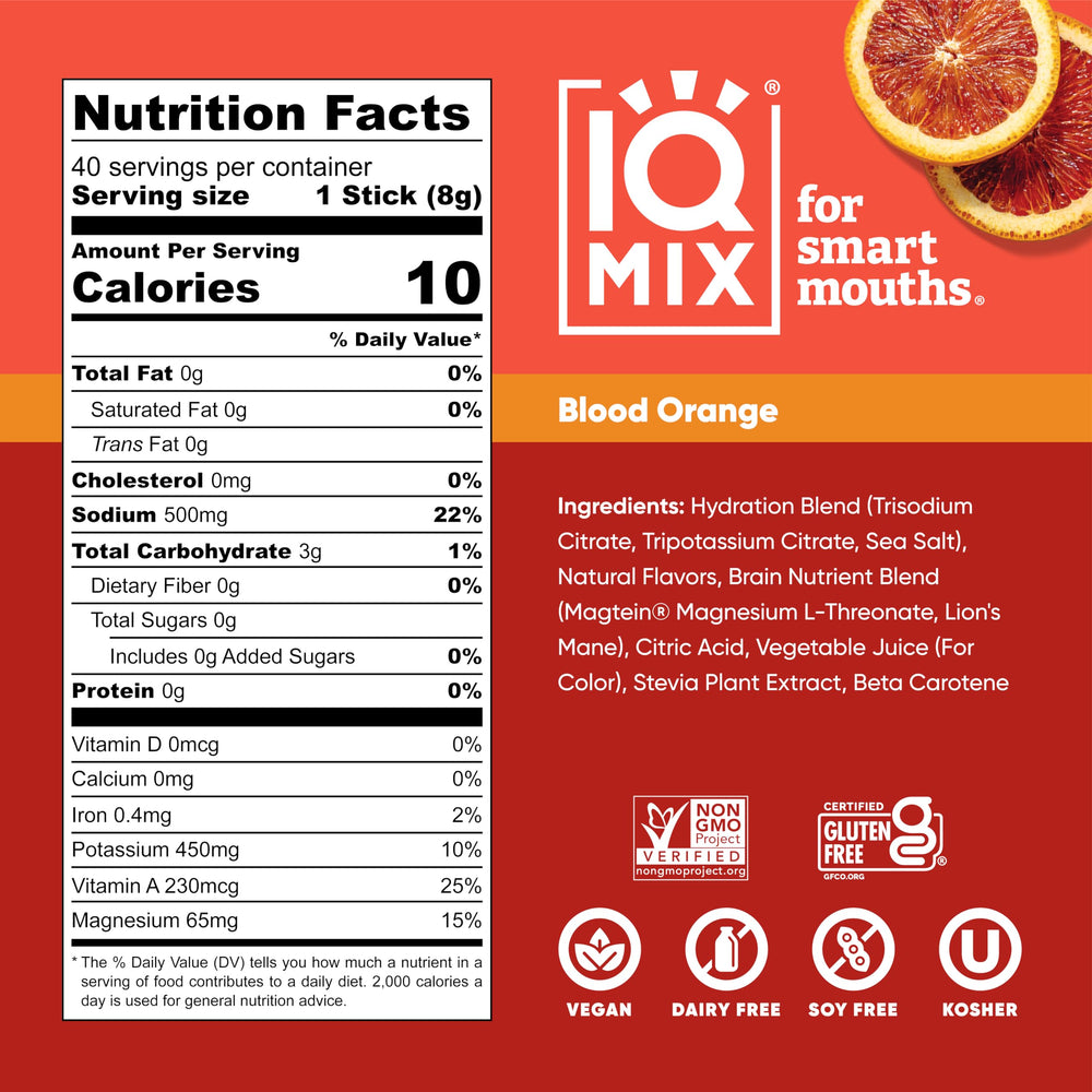 IQMIX single-serve stick held in hand for quick, sugar-free hydration.