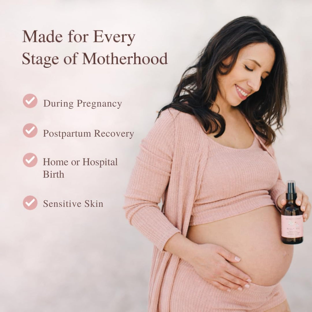 Irene Organics perineal massage oil use shown as gentle, soothing routine.