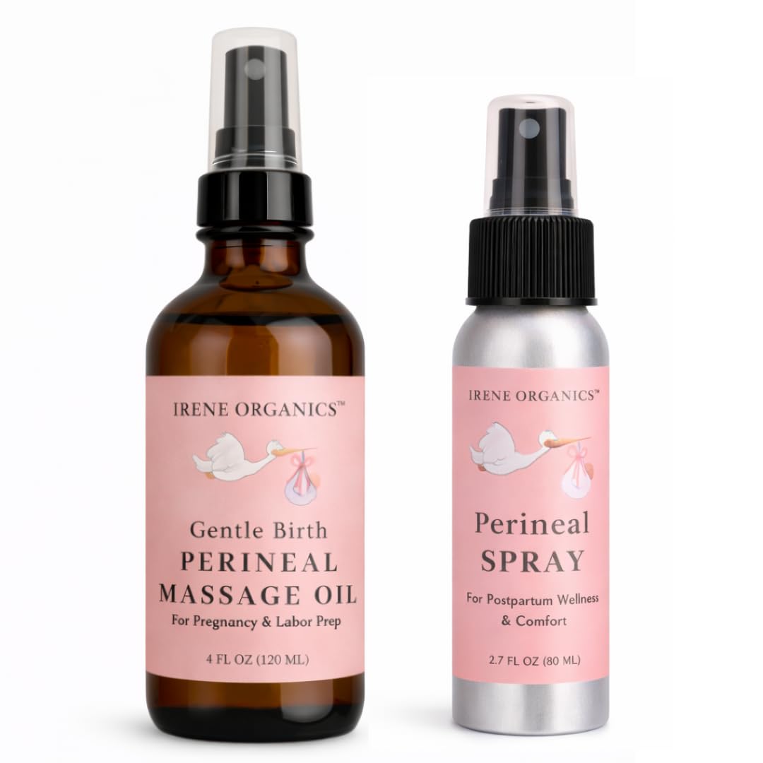 Irene Organics perineal massage oil bottle promoting comfort during late pregnancy.