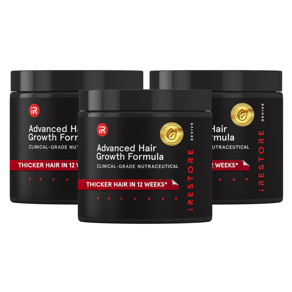 Front view of iRestore Advanced Hair Growth Supplement bottle promotes healthier hair.