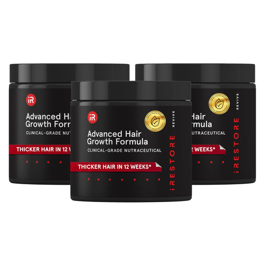 Front view of iRestore Advanced Hair Growth Supplement bottle promotes healthier hair.