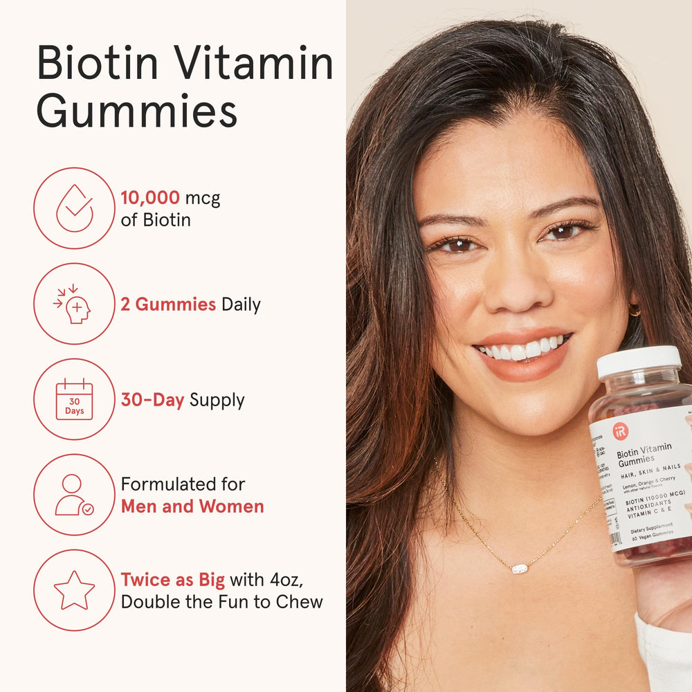 iRestore Biotin Gummies cherry flavor showing vibrant color and skin health benefits