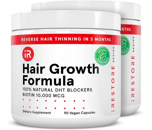 iRestore hair growth supplement bottle with vegan capsules for daily hair support.