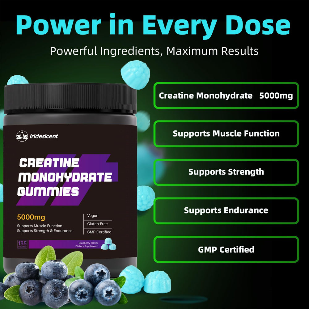 IRIDESICENT Creatine Monohydrate Gummies blueberry burst close-up showing chewy texture.