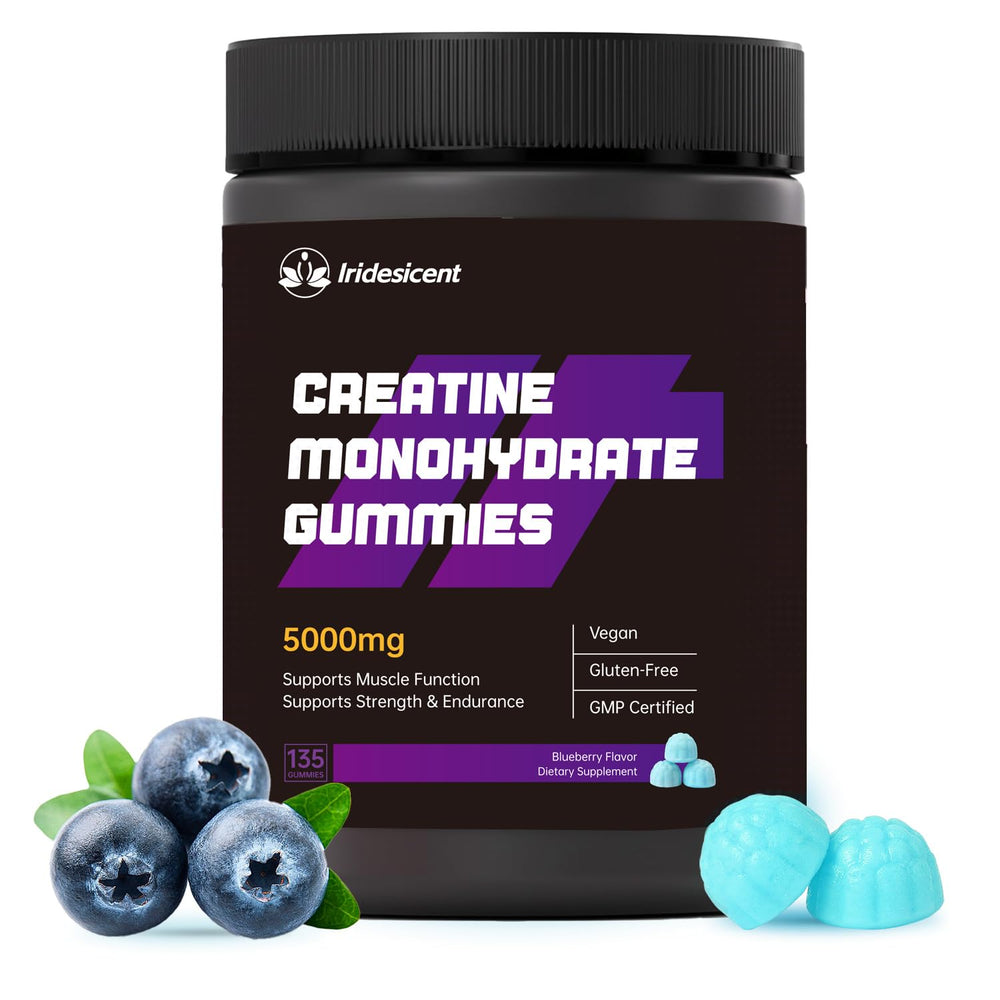 IRIDESICENT Creatine Monohydrate Gummies bottle on shelf for convenient on-the-go use.