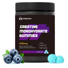 IRIDESICENT Creatine Monohydrate Gummies bottle on shelf for convenient on-the-go use.