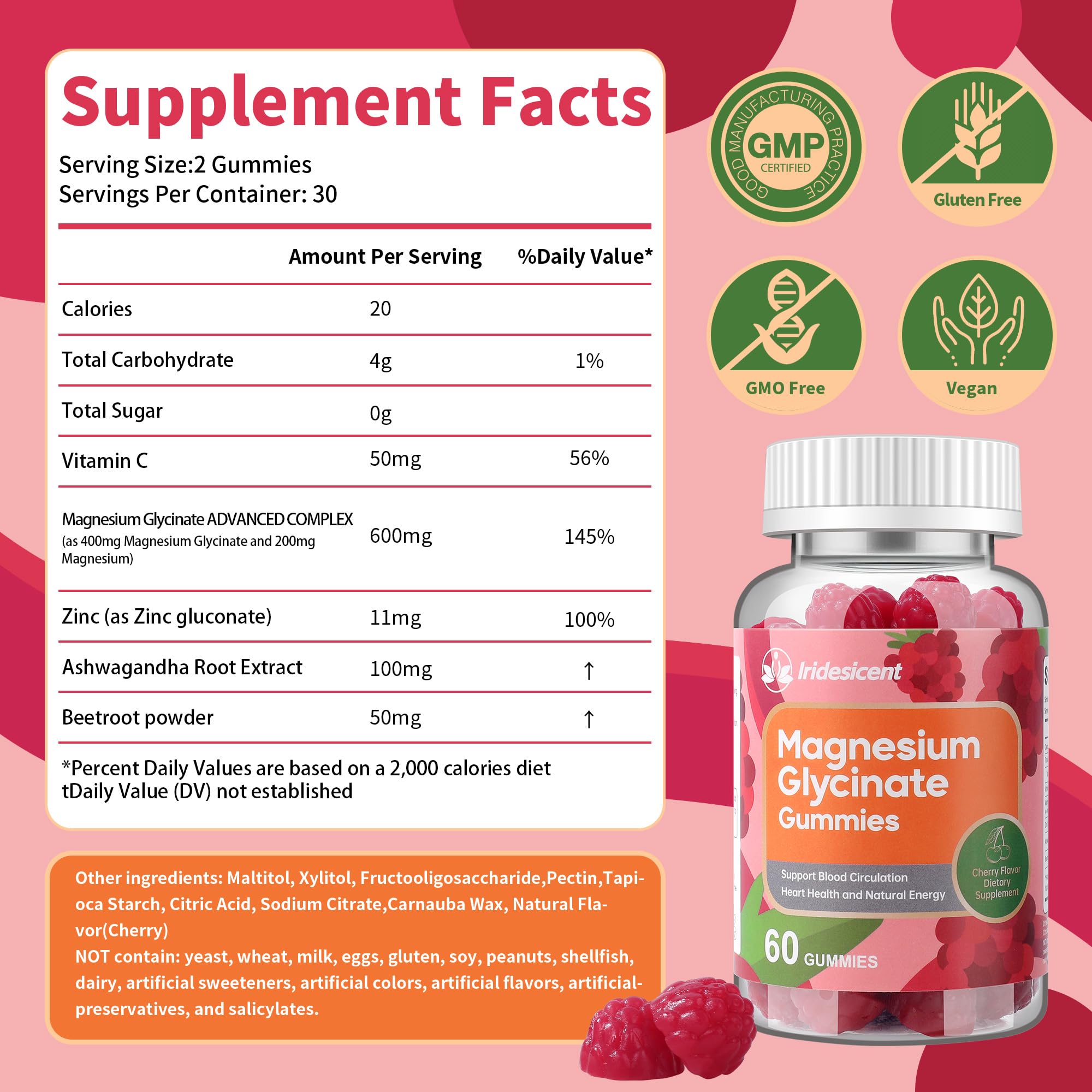 IRIDESICENT product label highlights sugar free vegan cherry gummies.