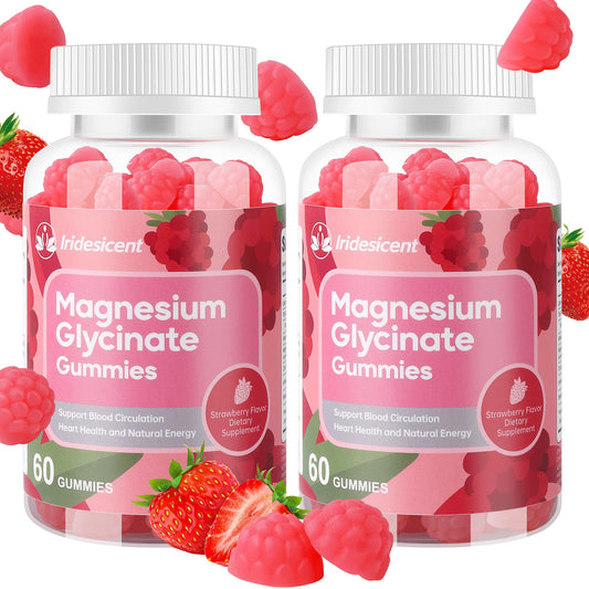 Iridesicent magnesium glycinate gummies strawberry bottle for relaxation and sleep support.