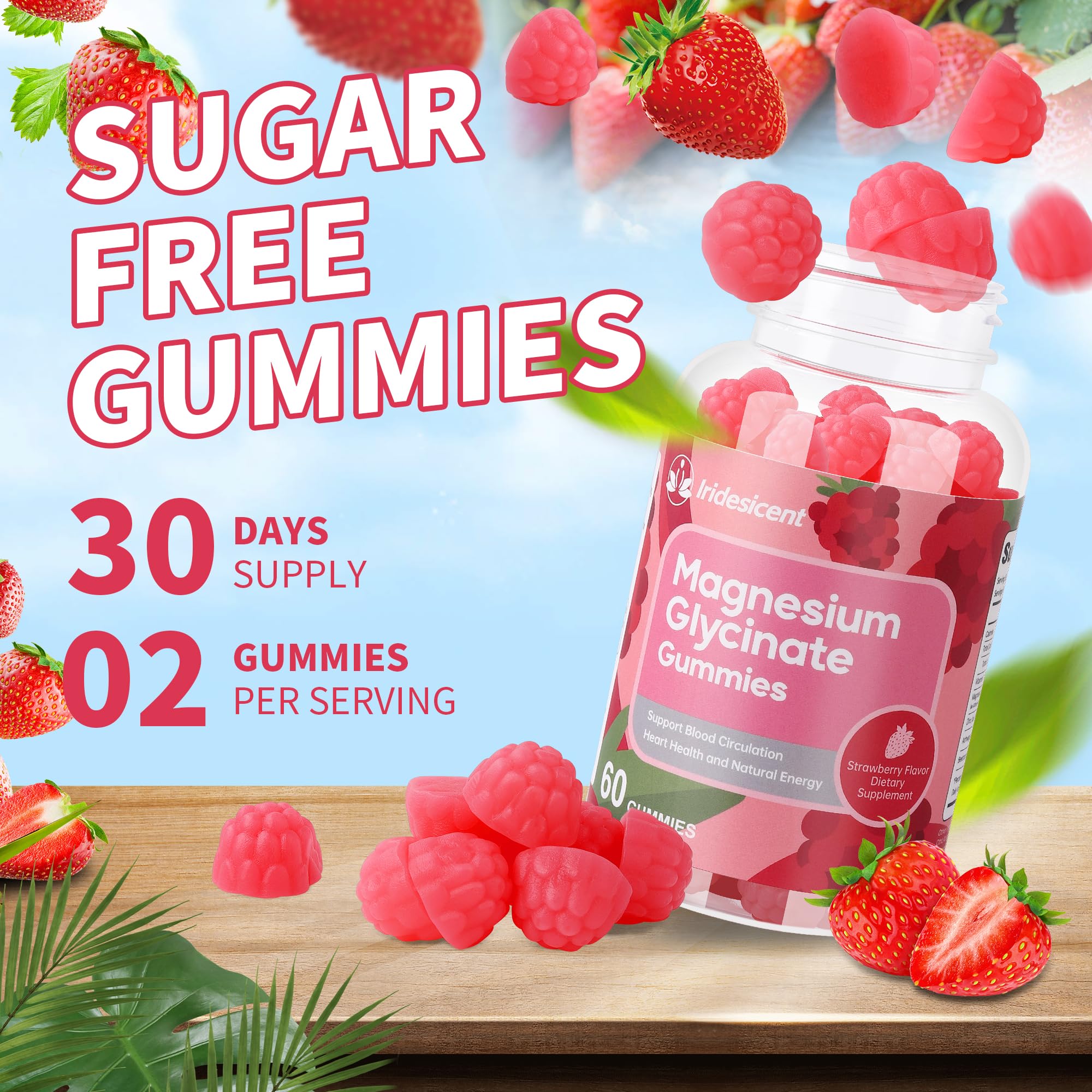 Iridesicent sugar-free strawberry gummies are vegan and gluten-free.