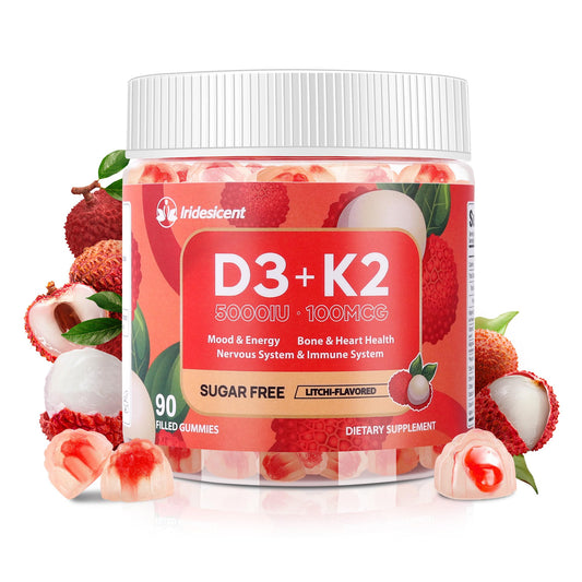 IRIDESICENT Vitamin D3 K2 gummies lychee bottle front highlighting vegan sugar-free formula
