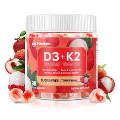 IRIDESICENT Vitamin D3 K2 gummies lychee bottle front highlighting vegan sugar-free formula
