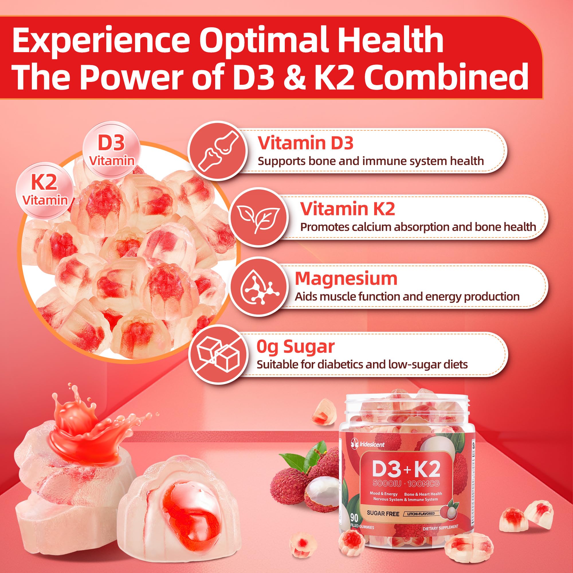 IRIDESICENT bottle label for vegan sugar-free D3 K2 gummies