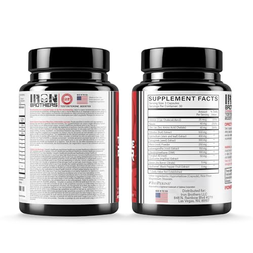 Iron Brothers capsules containing tribulus, tongkat ali, and ashwagandha for steady energy.