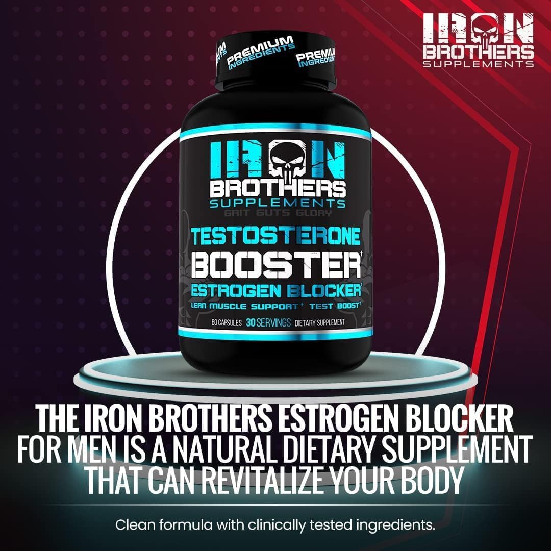 Iron Brothers Men's Testosterone Support product-label shows vegan-friendly capsule information.