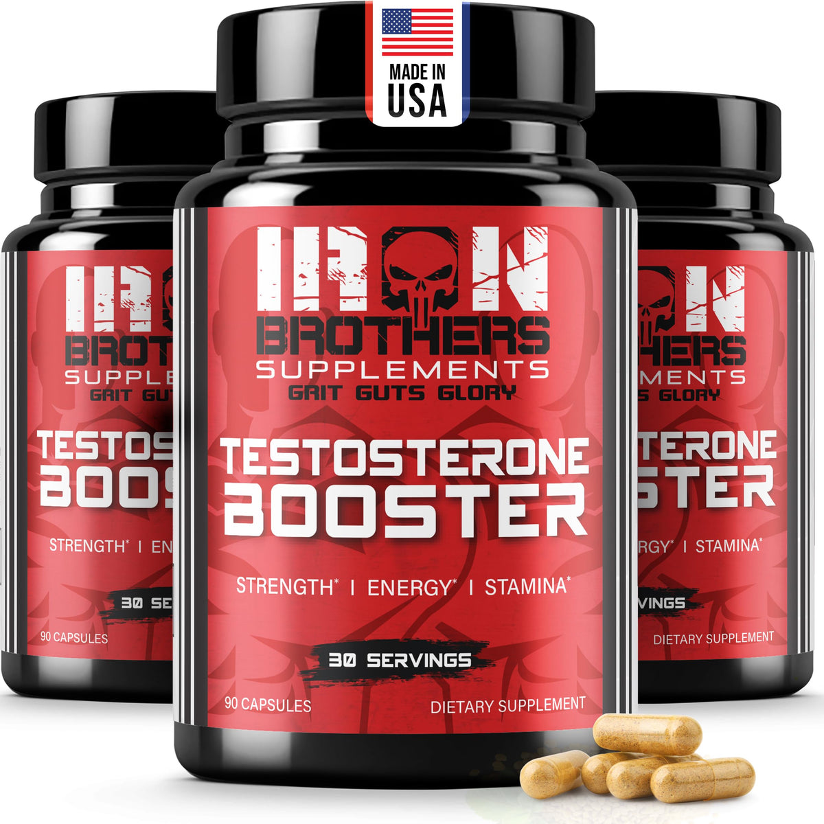 Iron Brothers Men’s Testosterone Support bottle featuring Tribulus and DIM for daily vitality.
