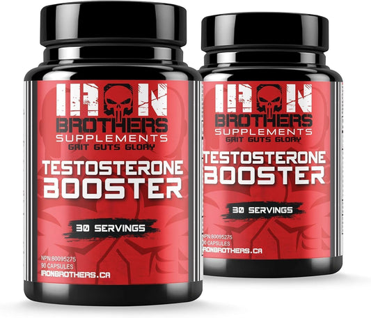 Iron Brothers Men’s testosterone support bottle highlighting daily vitality and focus.