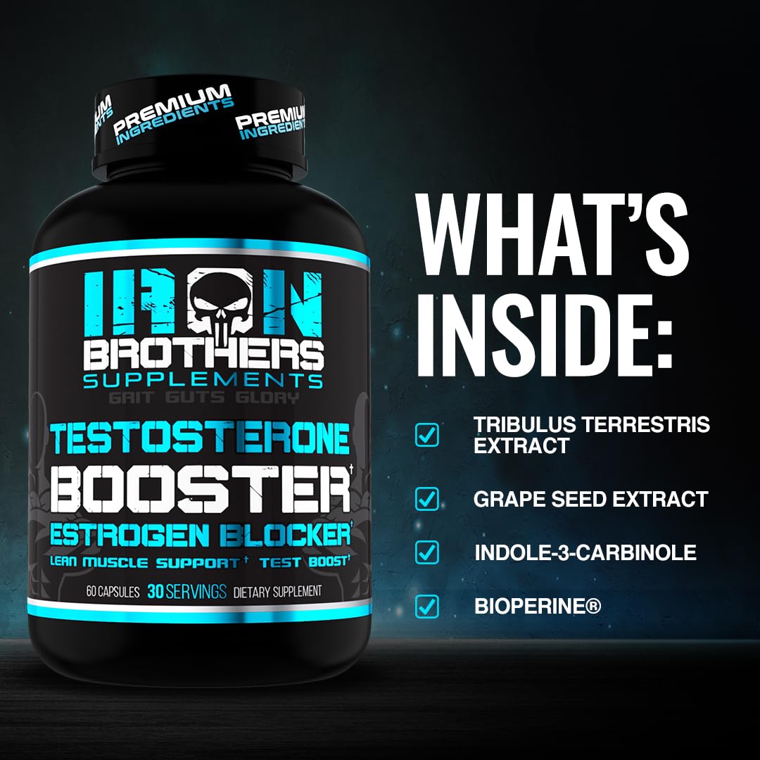Iron Brothers Testosterone Booster capsules poured into hand illustrate easy daily intake.