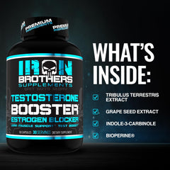 Iron Brothers Testosterone Booster capsules poured into hand illustrate easy daily intake.