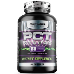 Iron Labs Nutrition PCT Xtreme bottle on table, post-cycle support for men.
