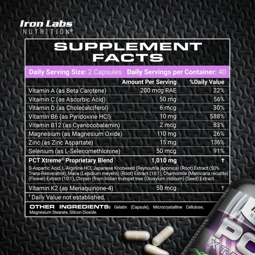 PCT Xtreme capsules close-up, high-dose blend for cycle recovery.