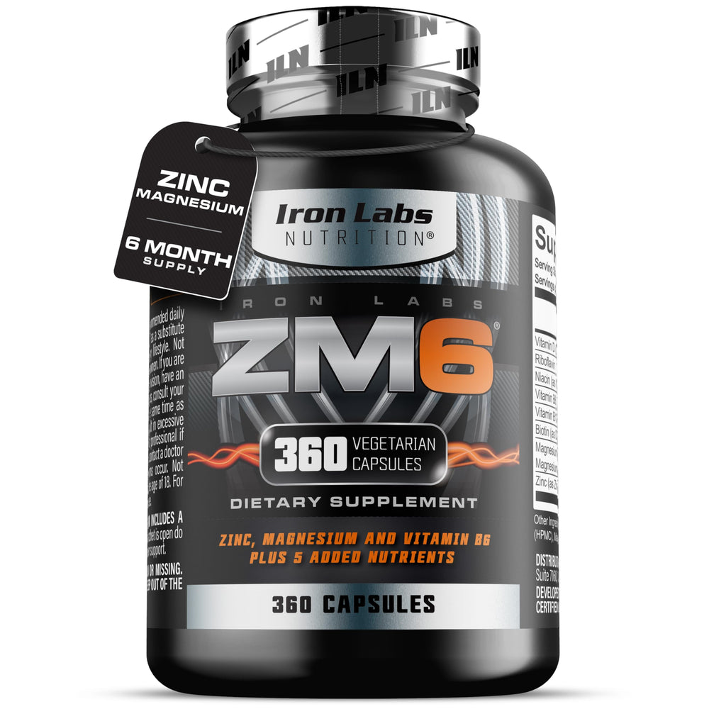 Iron Labs ZM6 bottle front shows high-strength zinc and magnesium support for active lifestyles.