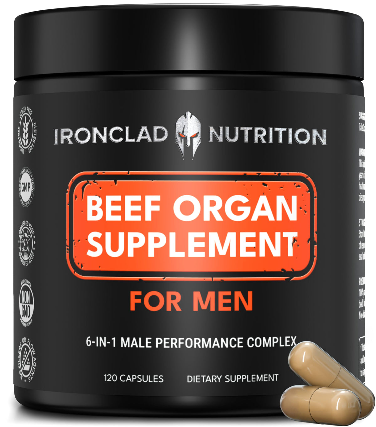 Ironclad Nutrition Beef Organ bottle with capsules for daily nutrition.