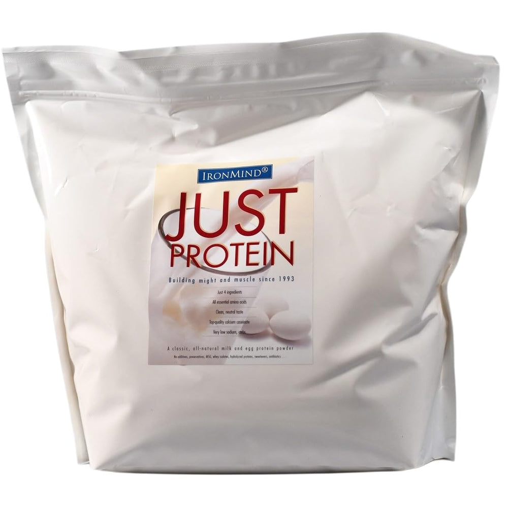 IronMind Just Protein vanilla powder bottle with scoop for shakes