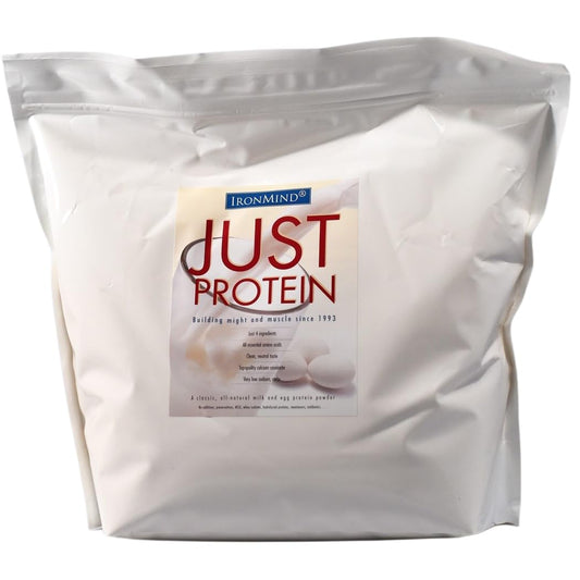 IronMind Just Protein vanilla powder bottle with scoop for shakes