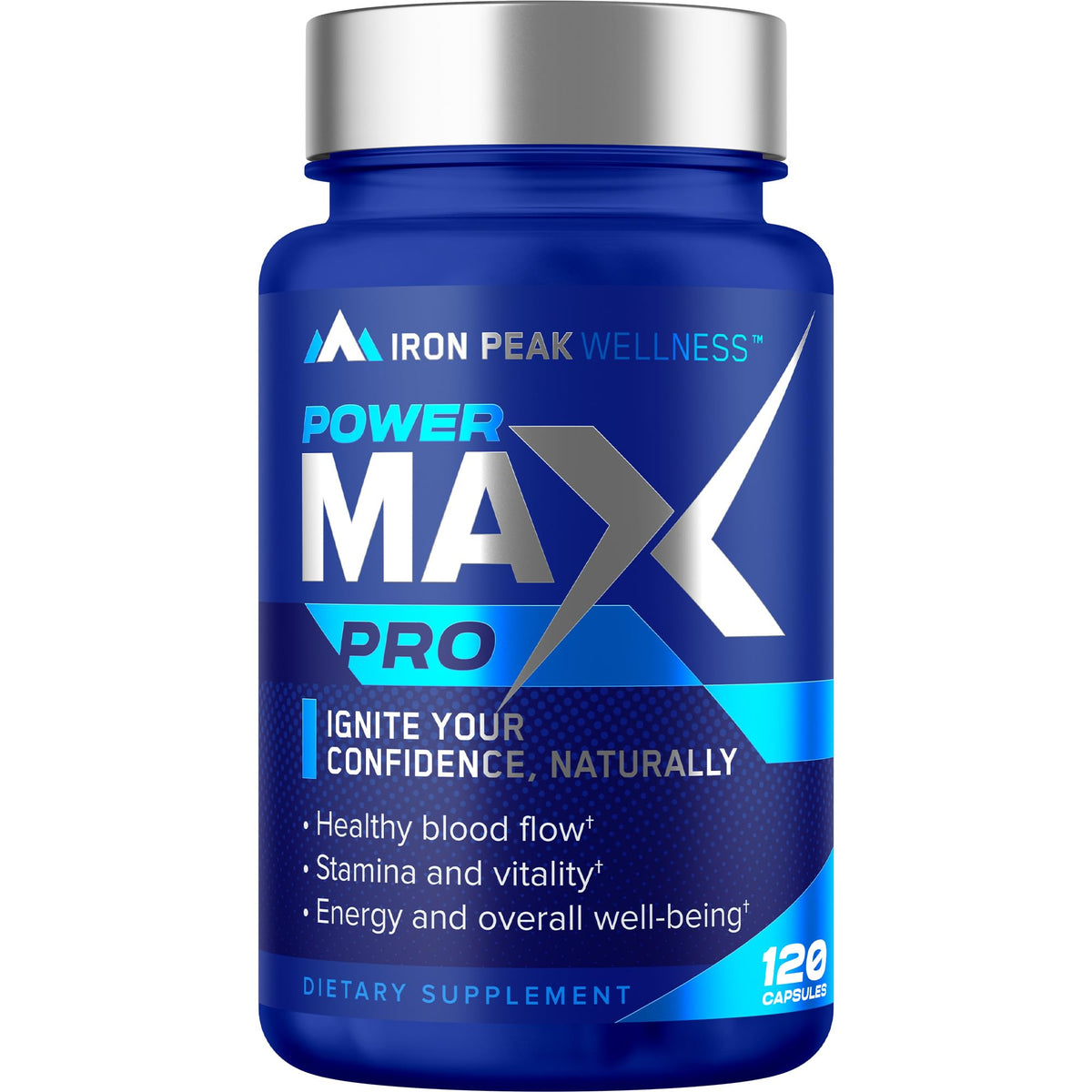IronPeak Wellness testosterone booster pills bottle closeup for steady energy and enhanced focus.