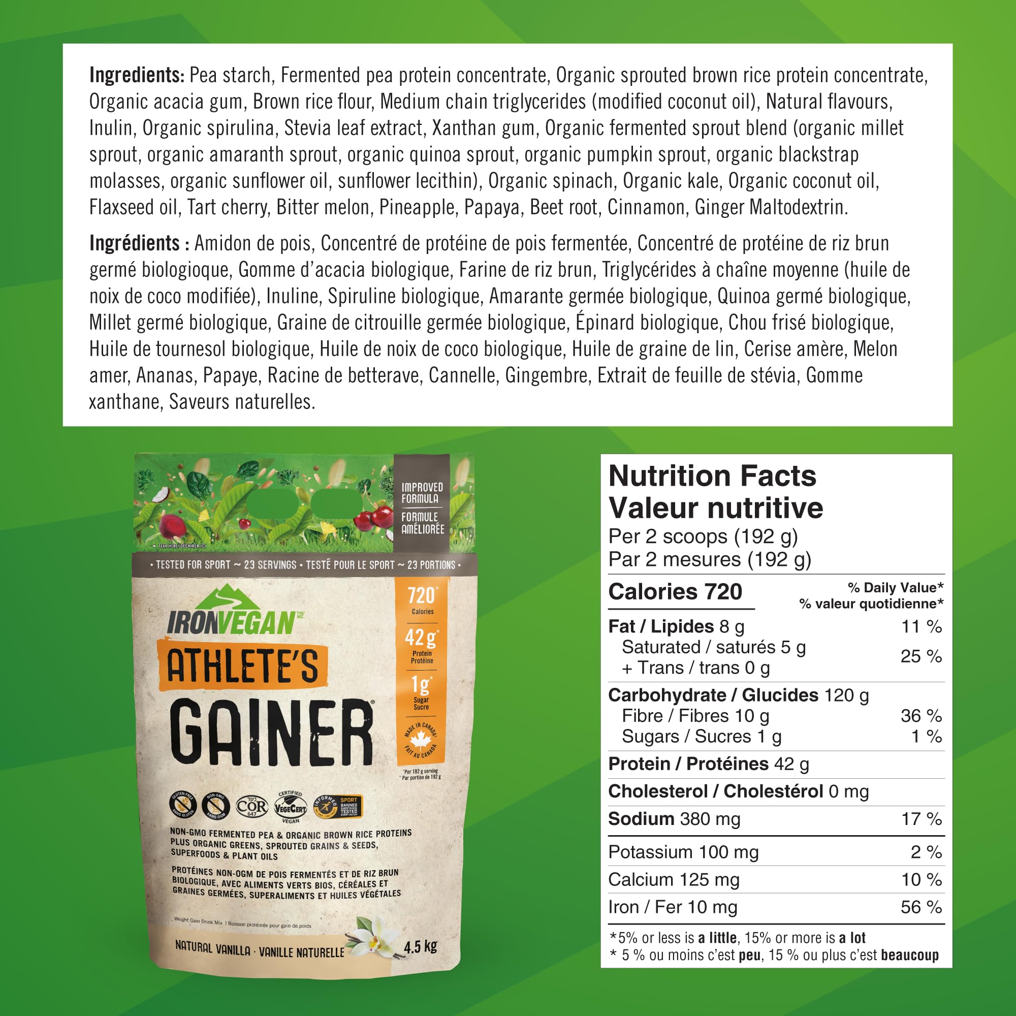 IRONVEGAN Athletes Gainer Vanilla nutrition facts panel emphasizing high-calorie plant-based nutrition.