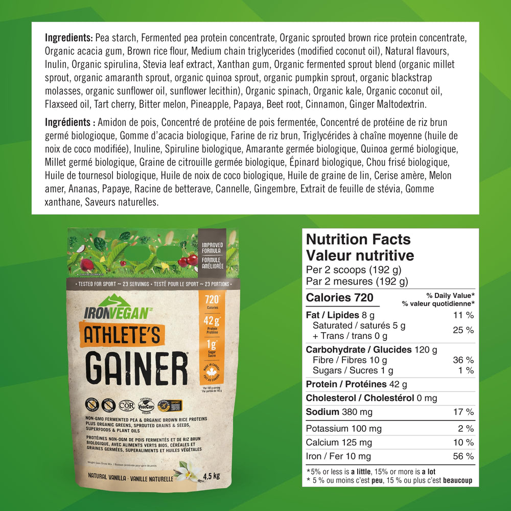 IRONVEGAN Athletes Gainer Vanilla nutrition facts panel emphasizing high-calorie plant-based nutrition.