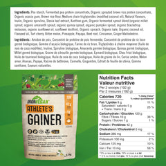 IRONVEGAN Athletes Gainer Vanilla nutrition facts panel emphasizing high-calorie plant-based nutrition.
