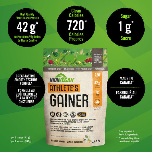 IRONVEGAN Athletes Gainer Vanilla scoop showing powder portion for protein and calories.