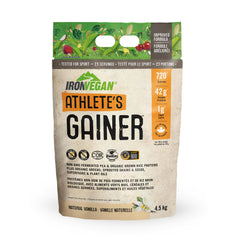IRONVEGAN Athletes Gainer Vanilla tub packaging highlighting plant-based weight gain support.