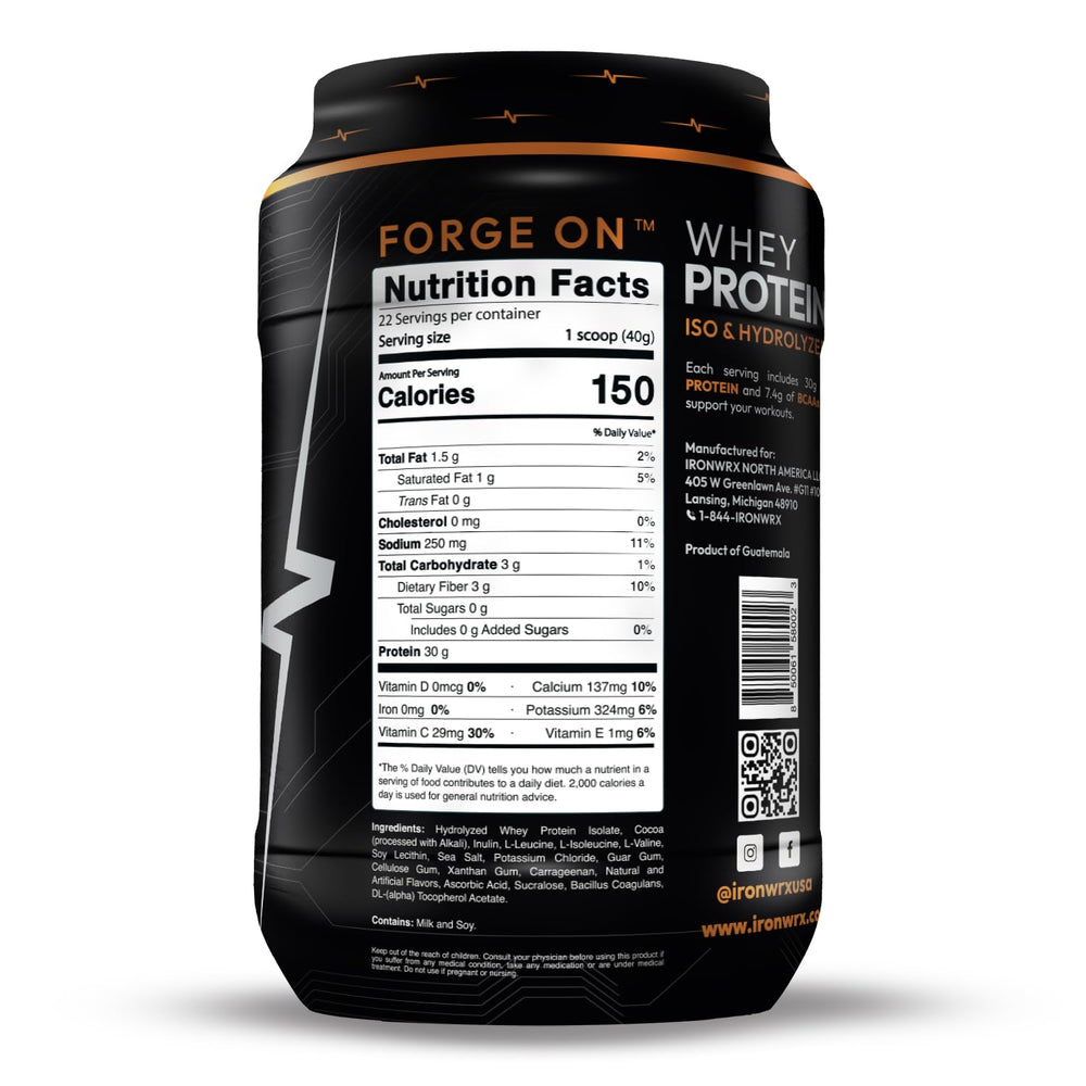 IRONWRX chocolate whey shake in glass highlighting flavor
