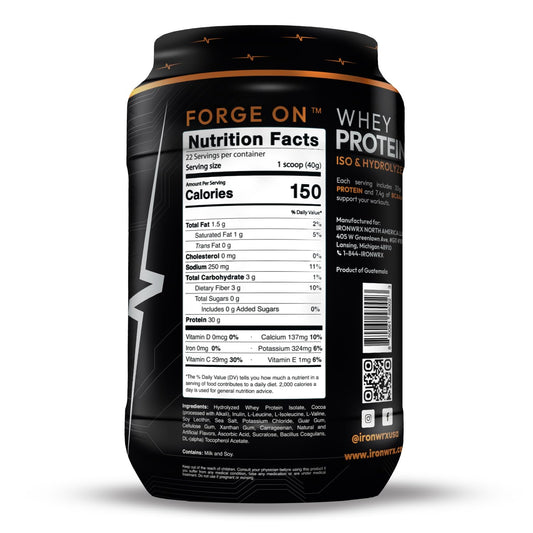 IRONWRX chocolate whey shake in glass highlighting flavor