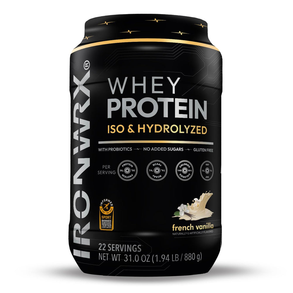 IRONWRX hydrolyzed whey vanilla tub front for high-protein fueling between workouts.